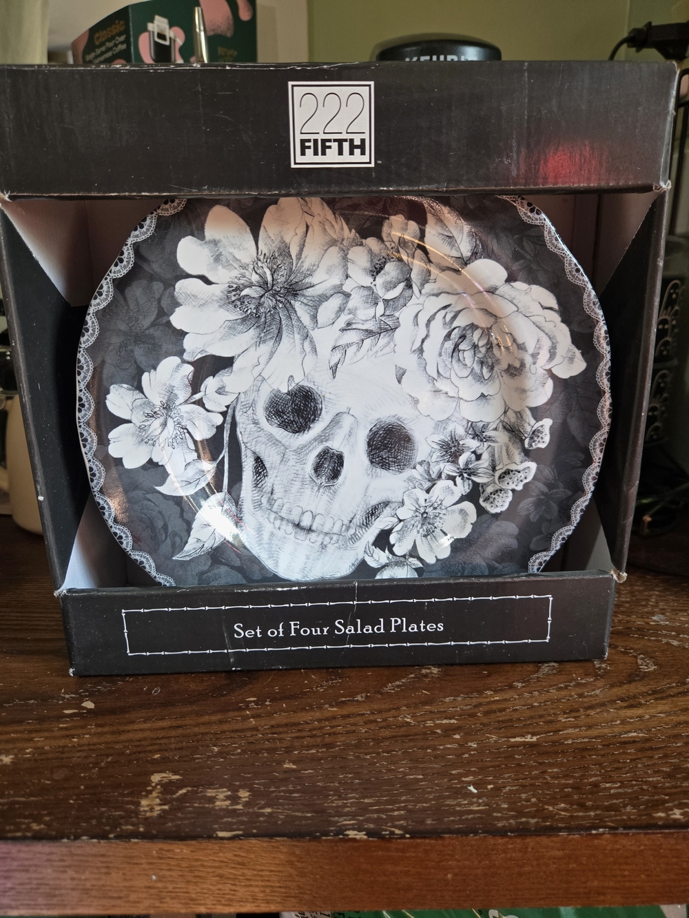 222 Fifth Black & White Skull Floral Salad Plates - set of 4